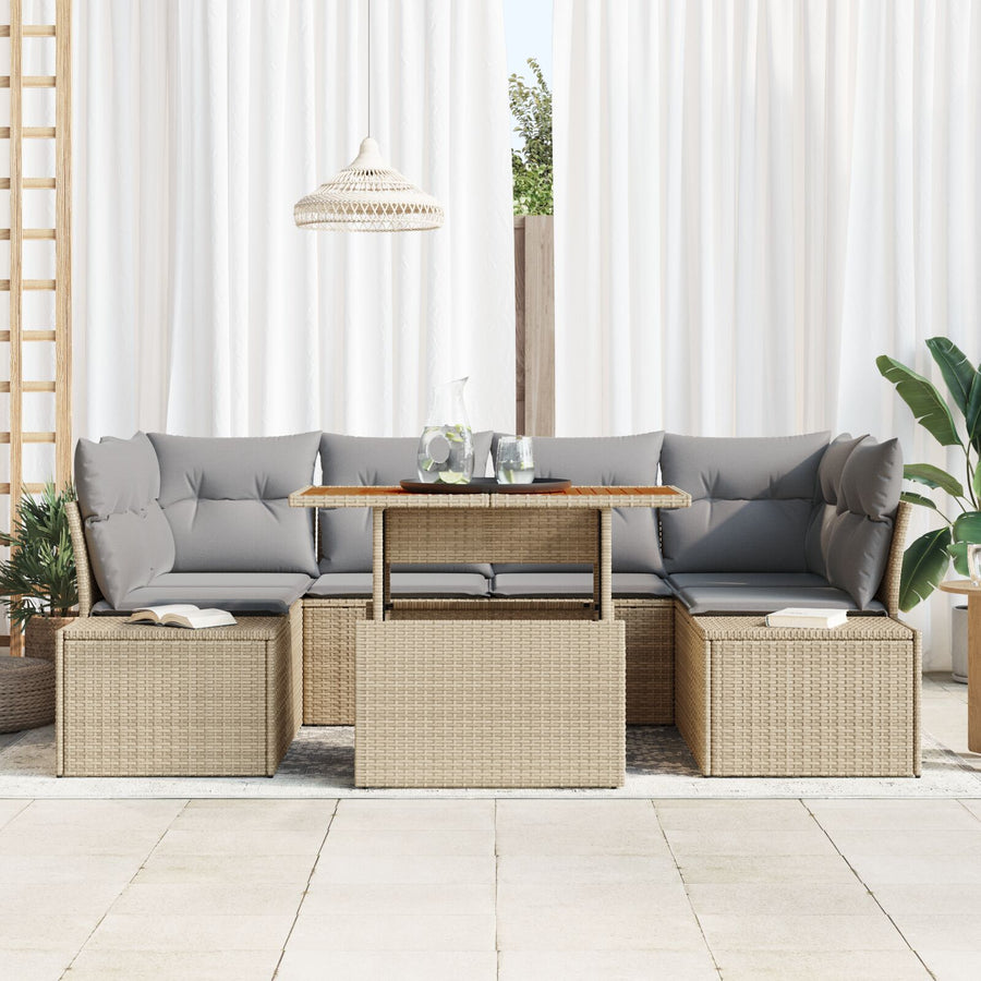 7 Persoons Tuinsofa Set Met Kussens Beige Poly Rattan