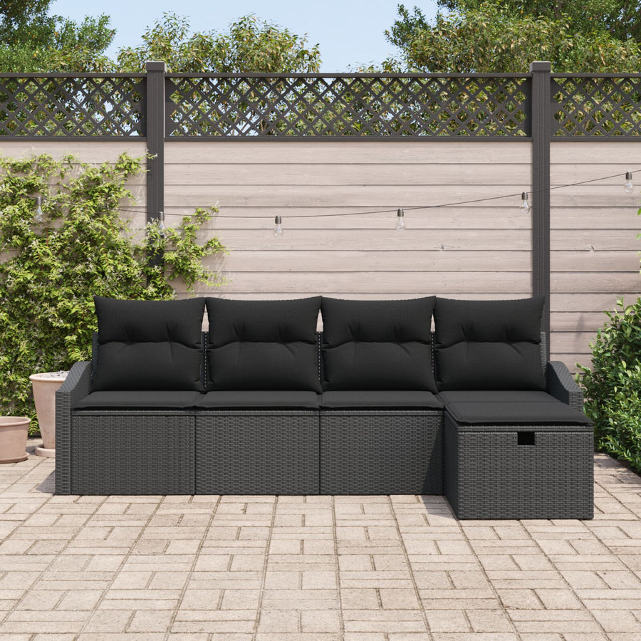 5-Delige Tuinsofa Set Met Kussens Zwart Poly Rattan