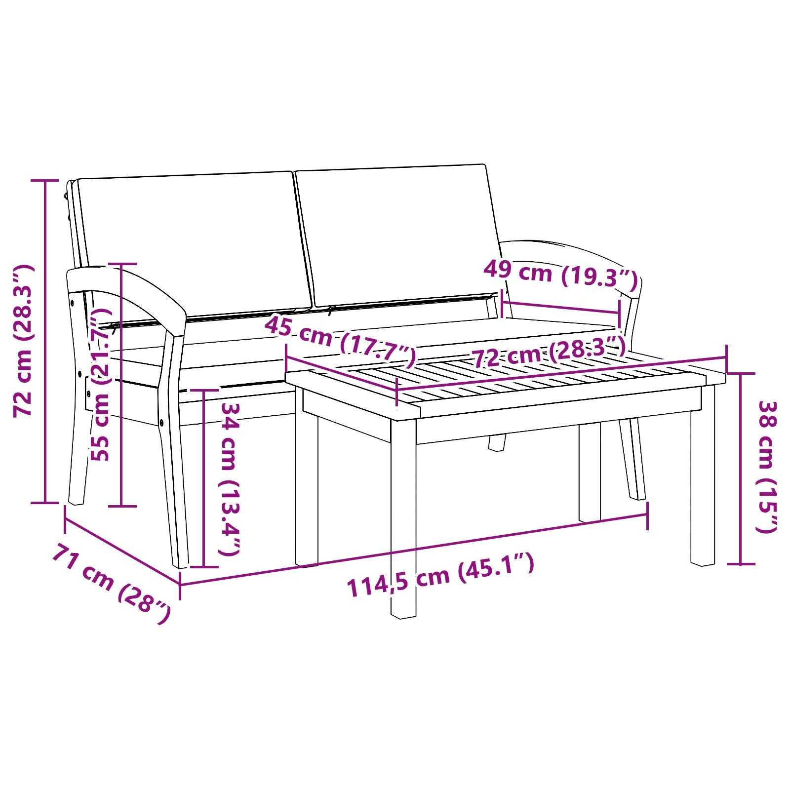 2-Delige Bistroset Met Kussens Van Massief Acaciahout Anthraciet Tafel + bank