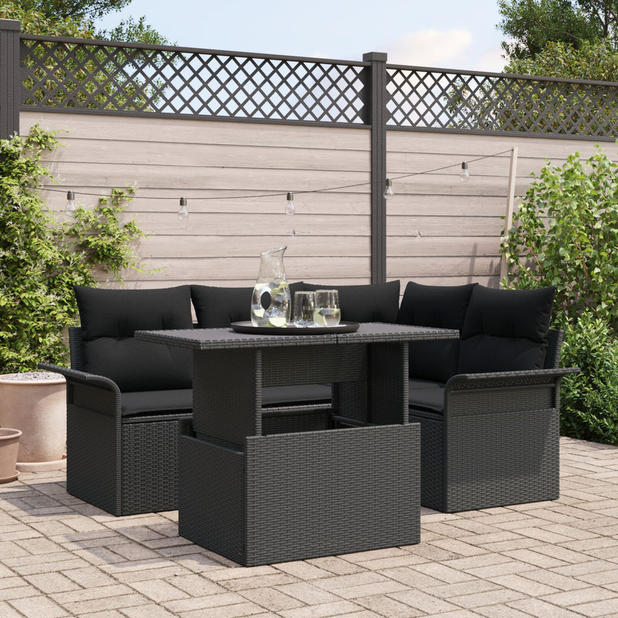 5-Delig Tuinbankstel Met Kussens Zwart Poly Rattan