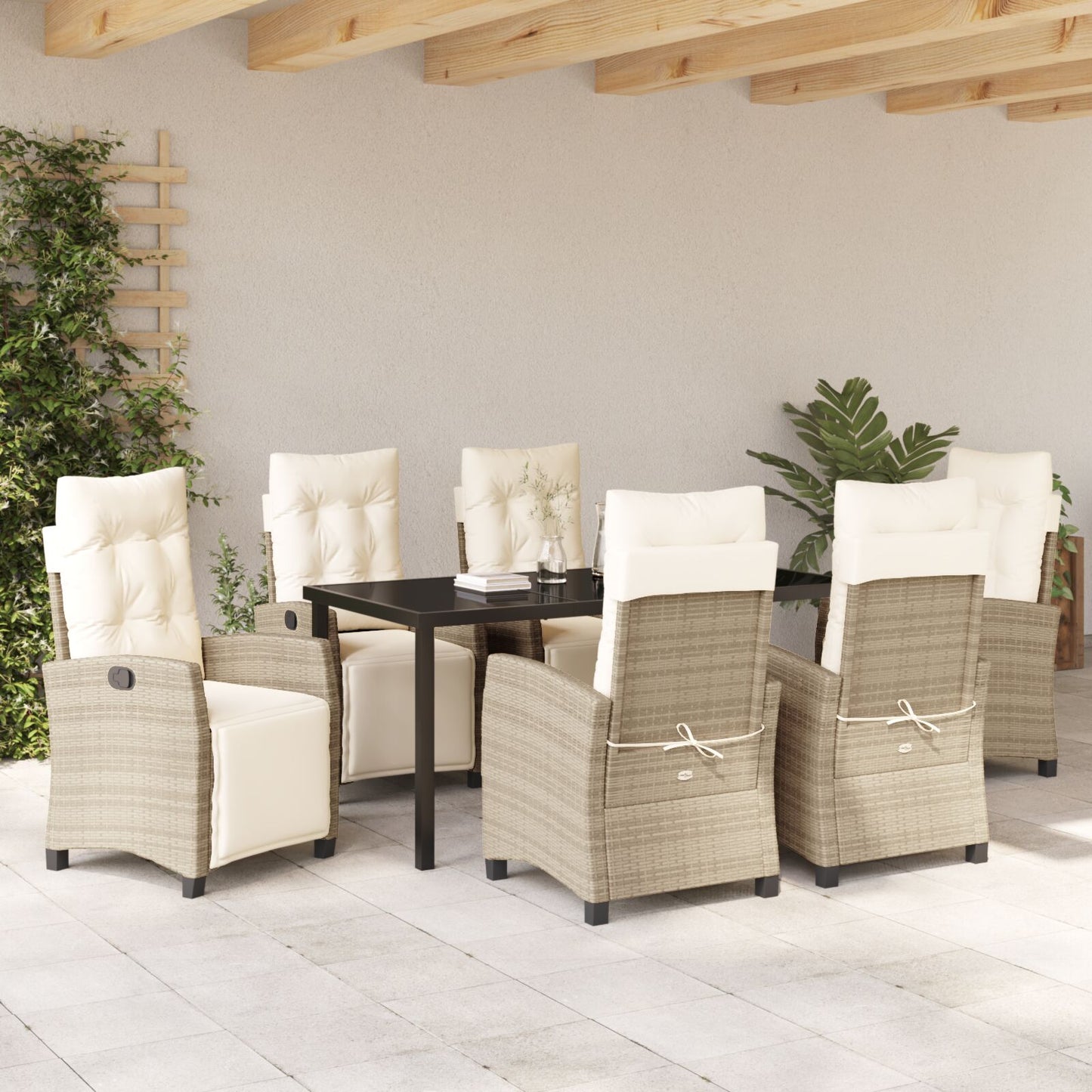 7-Delige Tuin Eettafel Set Beige Poly Rattan