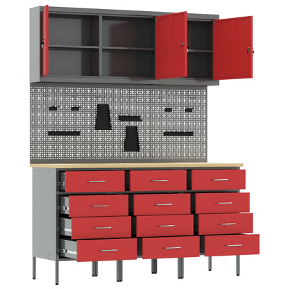 8-Delige Werkcabinet En Pegboard Set Mdf En Metaal 3x (85 cm) Rood 3x kast + 3x pegboard + 2x gereedschapskast