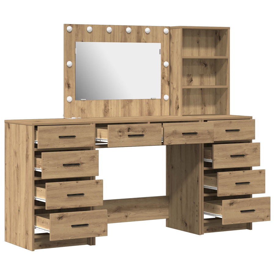 3-Delige Kaptafel Set Met Led Ambachtelijk Eiken Bewerkt Hout
