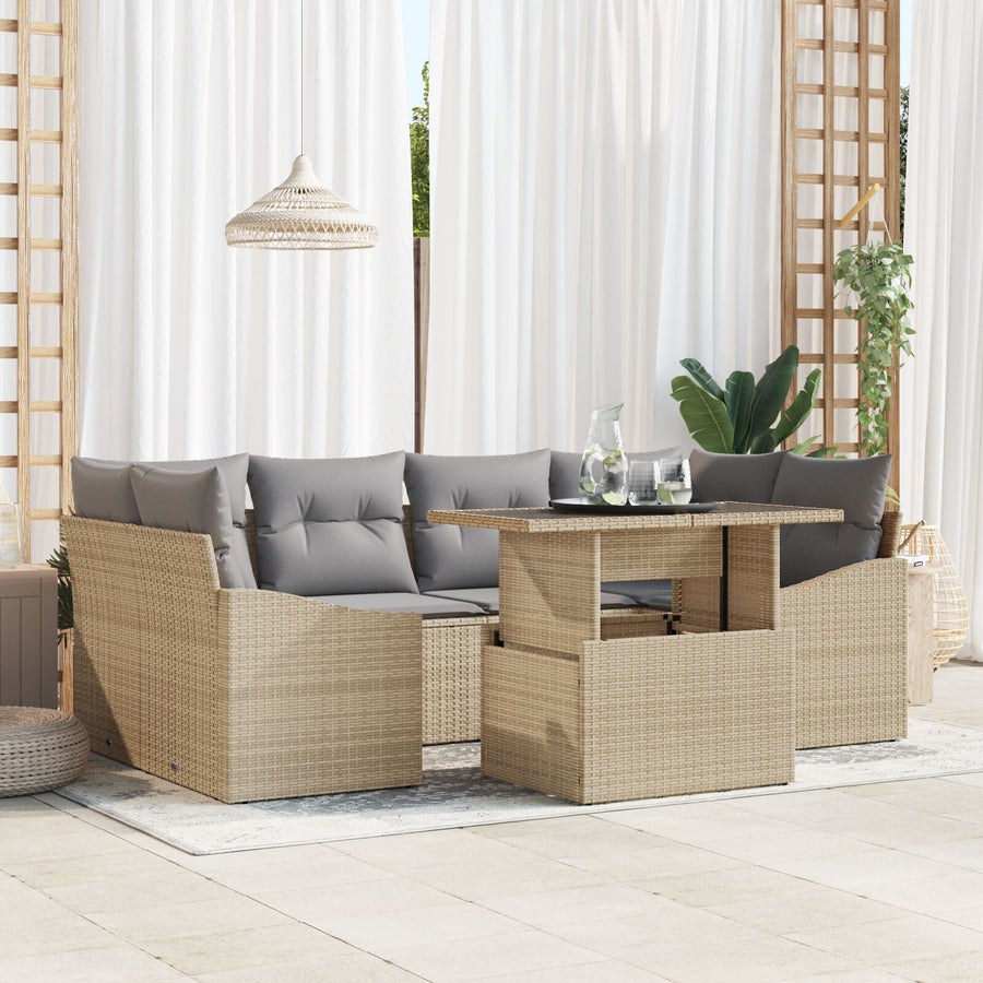 7 Stuk Tuin Sofa Set Met Kussens Beige Poly Riet