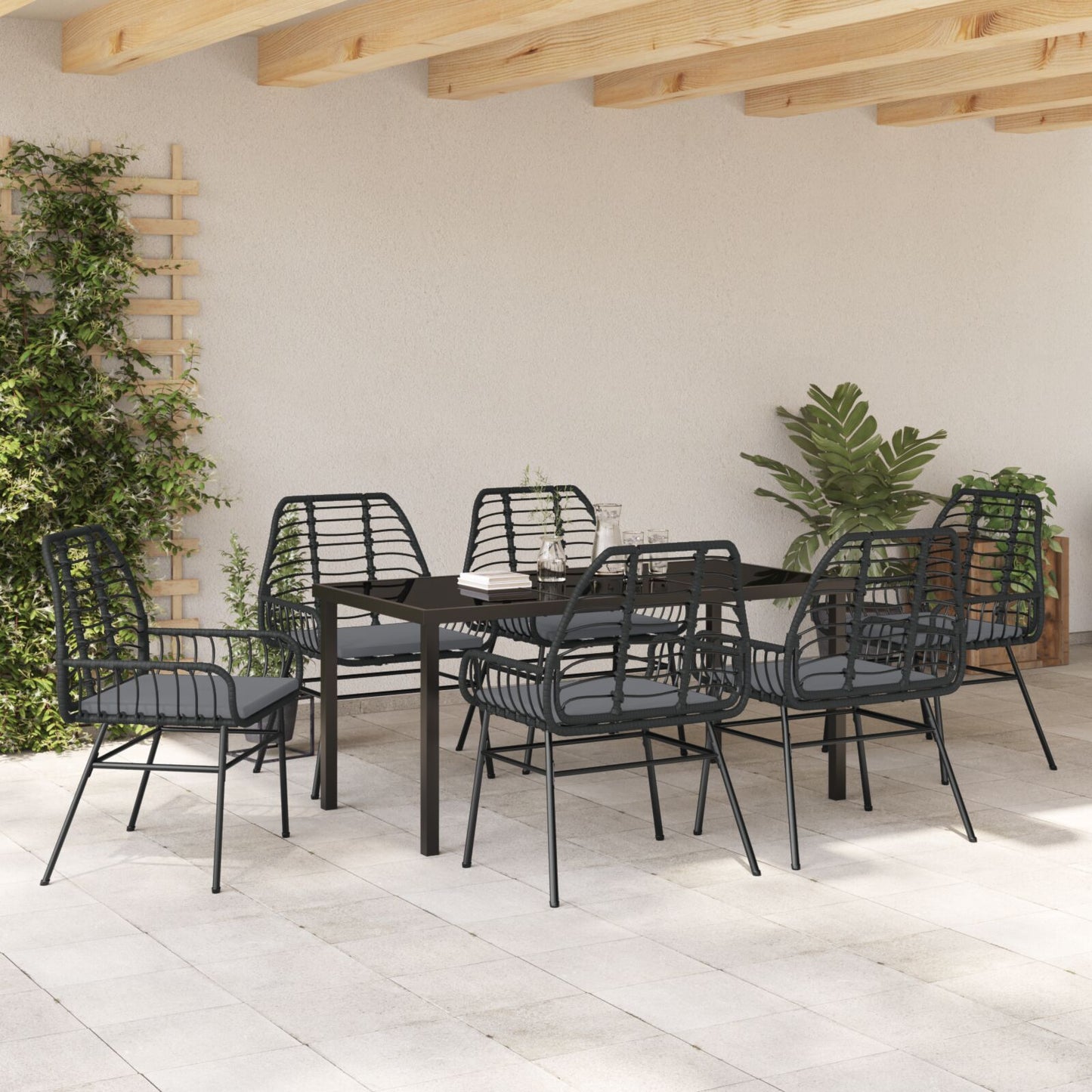7-Delige Tuin Eetset Met Kussens Zwart Poly Rattan