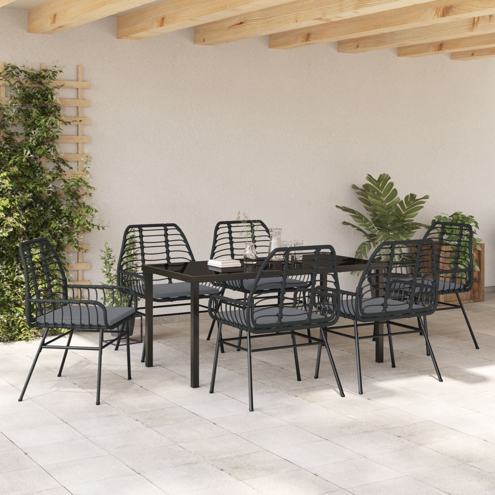 7-Delige Tuin Eetset Met Kussens Zwart Poly Rattan