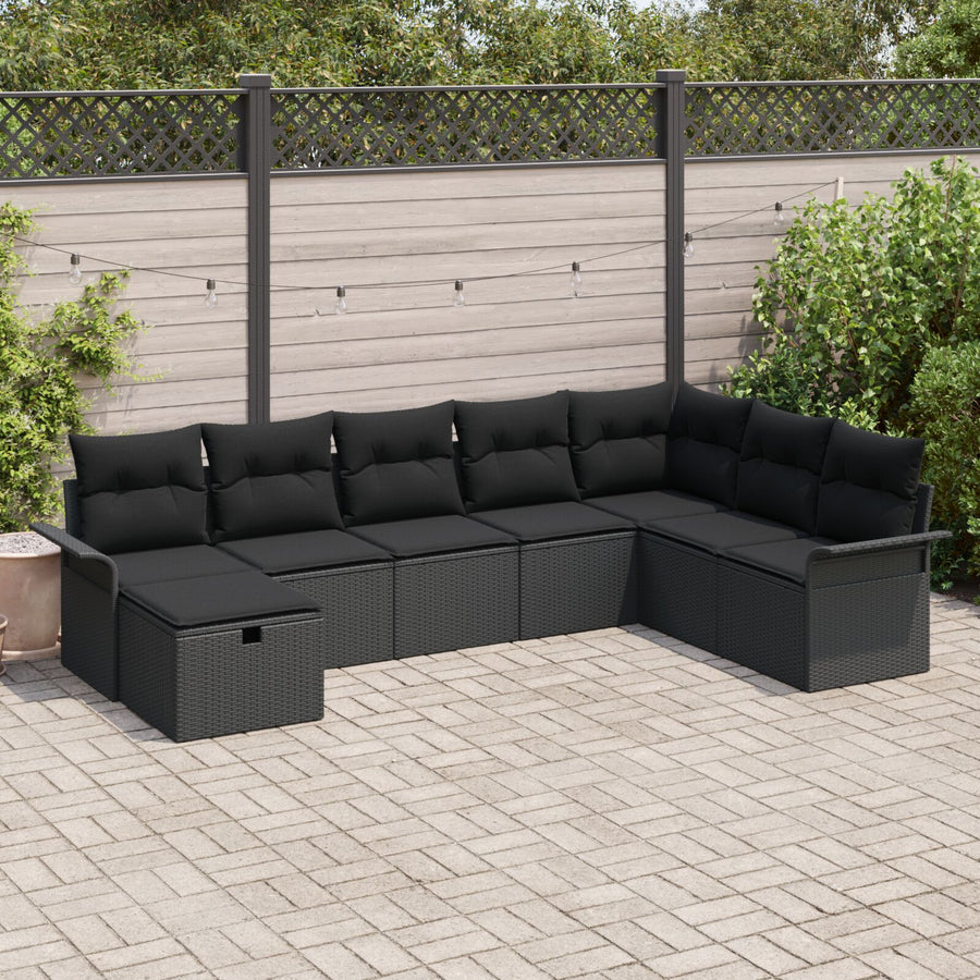 8-Delige Tuinsofa Set Met Kussens Zwart Poly Rattan