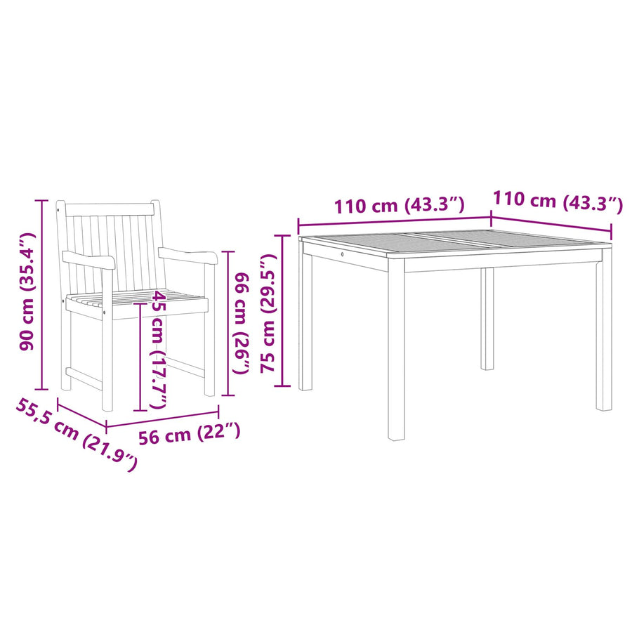 5-Delige Tuin Eetset Van Massief Acaciahout 4-Persoons Tafelbreedte van 110 cm
