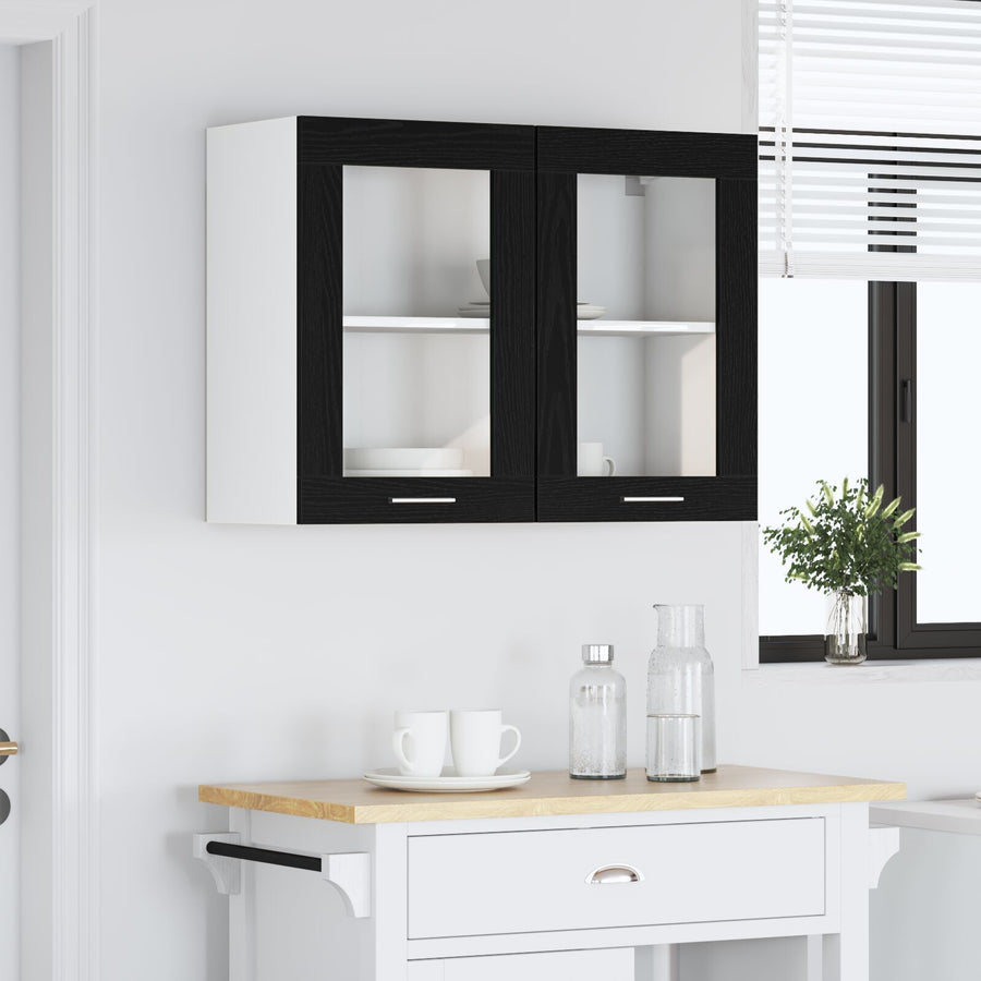 Zwarte Eiken Hangende Glazen Kast 80X31X60 Cm Gemaakt Van Bewerkt Hout