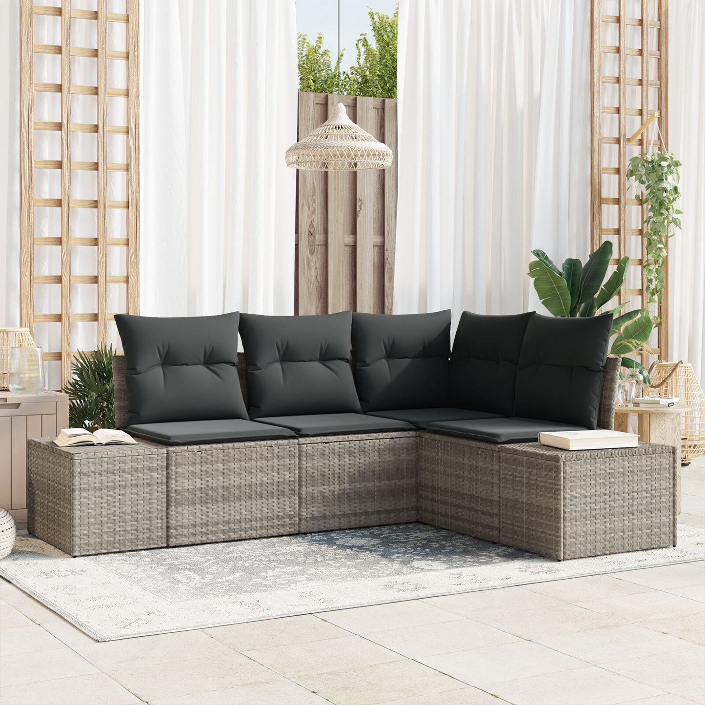 4-Delige Tuin Sofa Set Met Kussens Poly Rattan Lichtgrijs zonder tafel