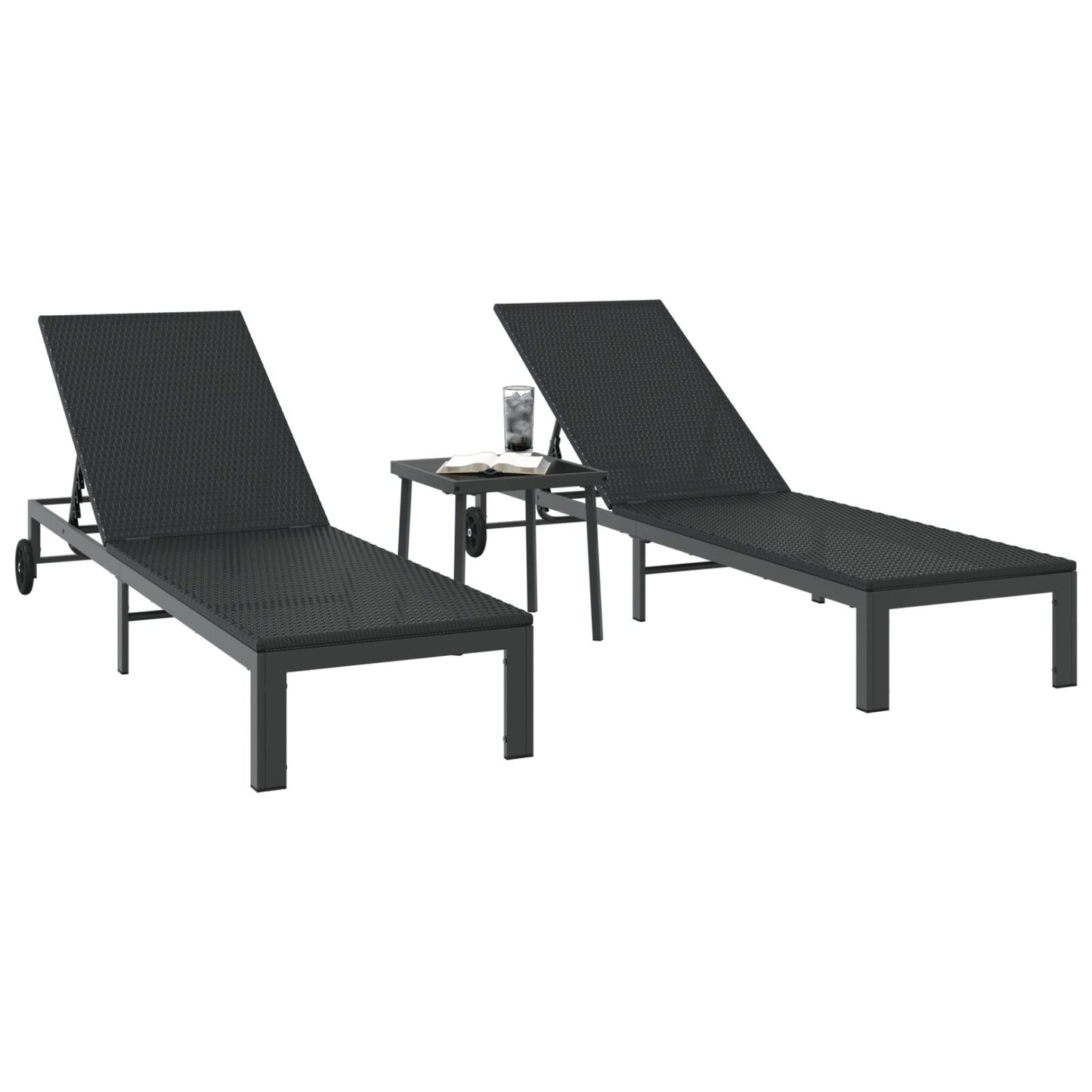 Zonnebedden 2 Stuks Met Wielen En Tafel Poly Rattan Zwart