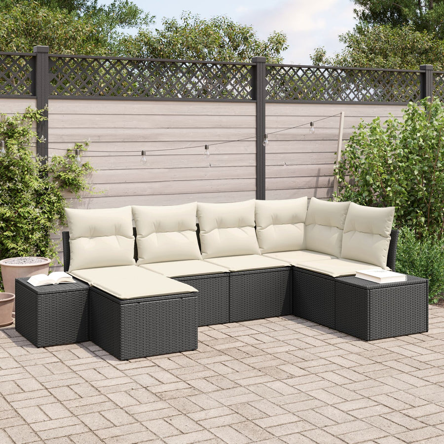 Tuin Sofa Set Set Van 6 Zwart En Wit Rattan Met Stoffen Kussens