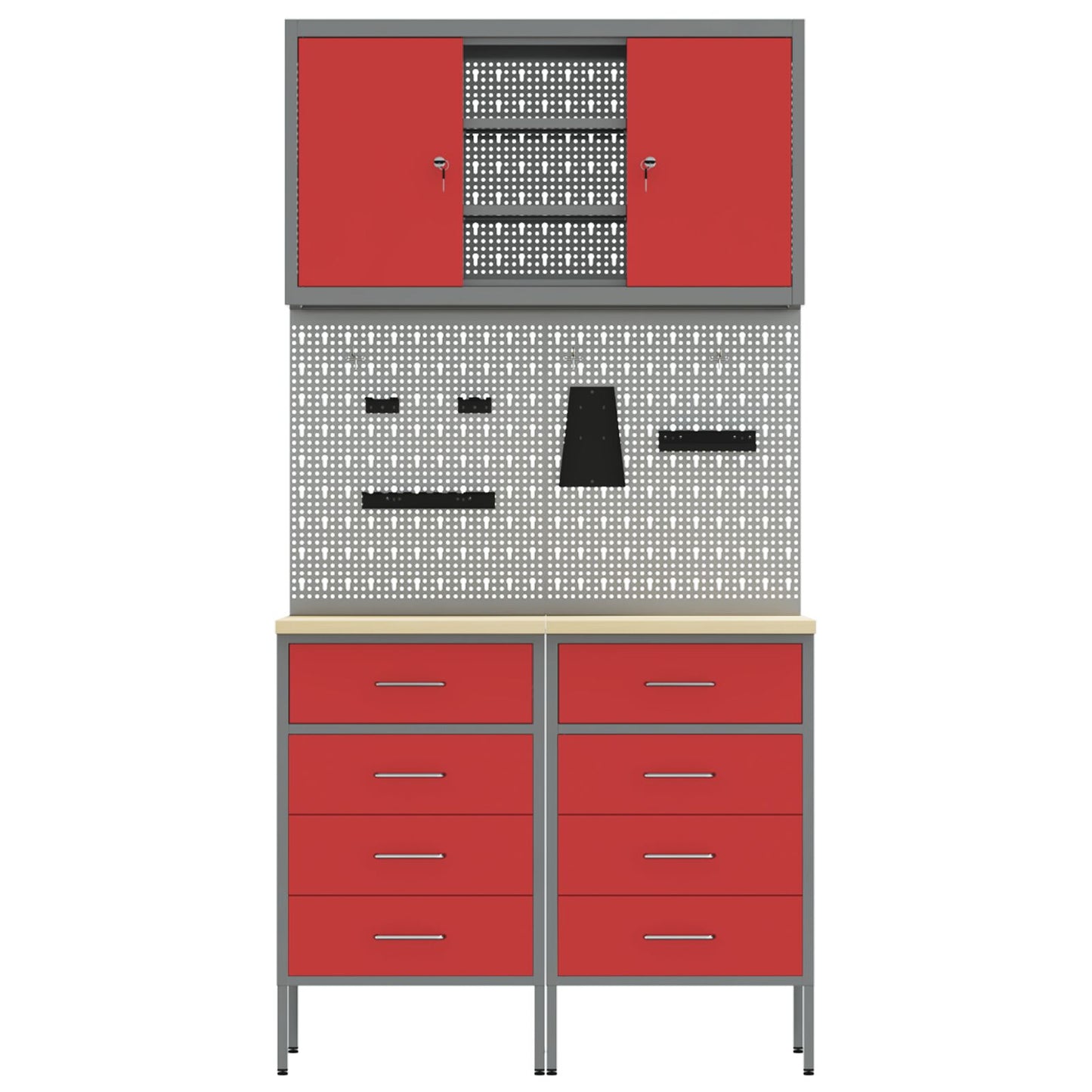 5-Delige Werkbankset Staal 2x (85 cm) Rood 2x kast + 2x pegboard + kast met deur