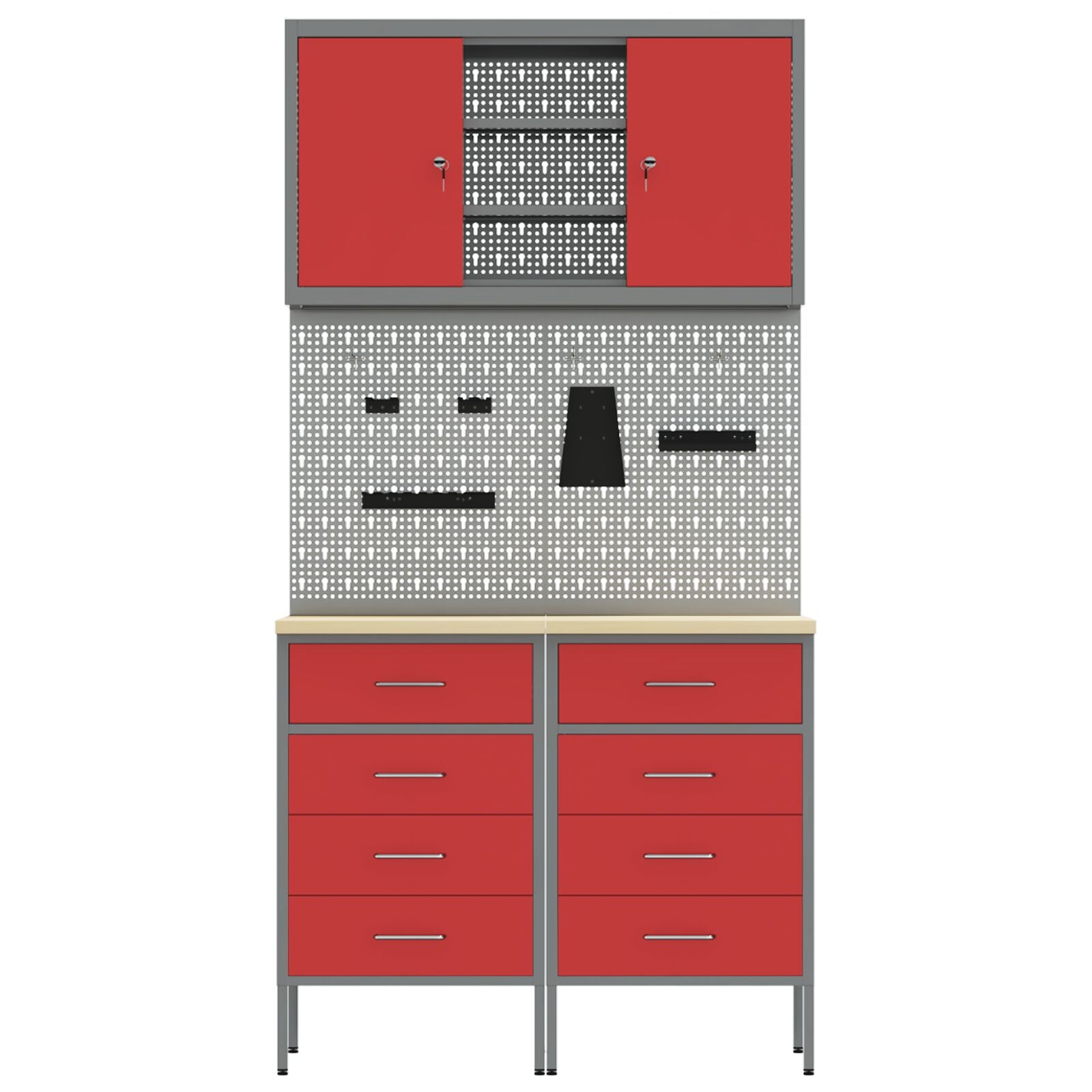 5-Delige Werkbankset Staal 2x (85 cm) Rood 2x kast + 2x pegboard + kast met deur