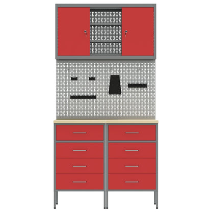 5-Delige Werkbankset Staal 2x (85 cm) Rood 2x kast + 2x pegboard + kast met deur