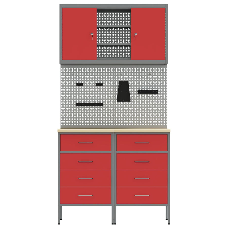 5-Delige Werkbankset Staal 2x (85 cm) Rood 2x kast + 2x pegboard + kast met deur