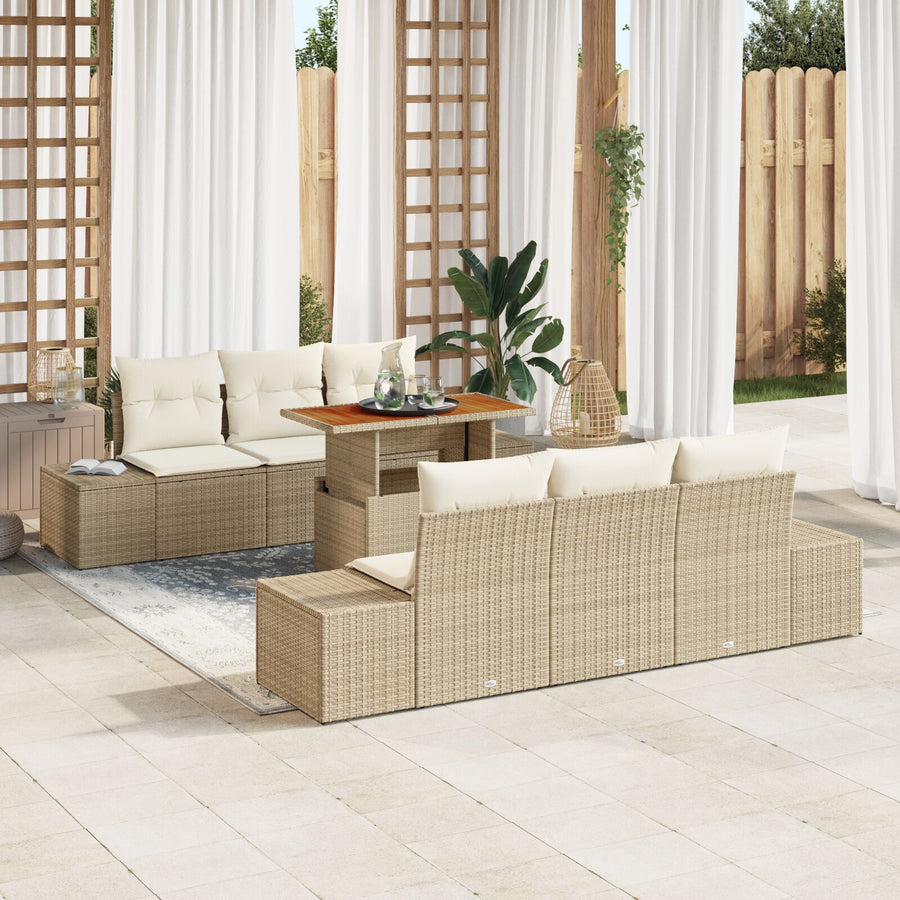 Tuinbank Set Set Van 7 Beige, Crème Riet, Stof Buiten Eettafel