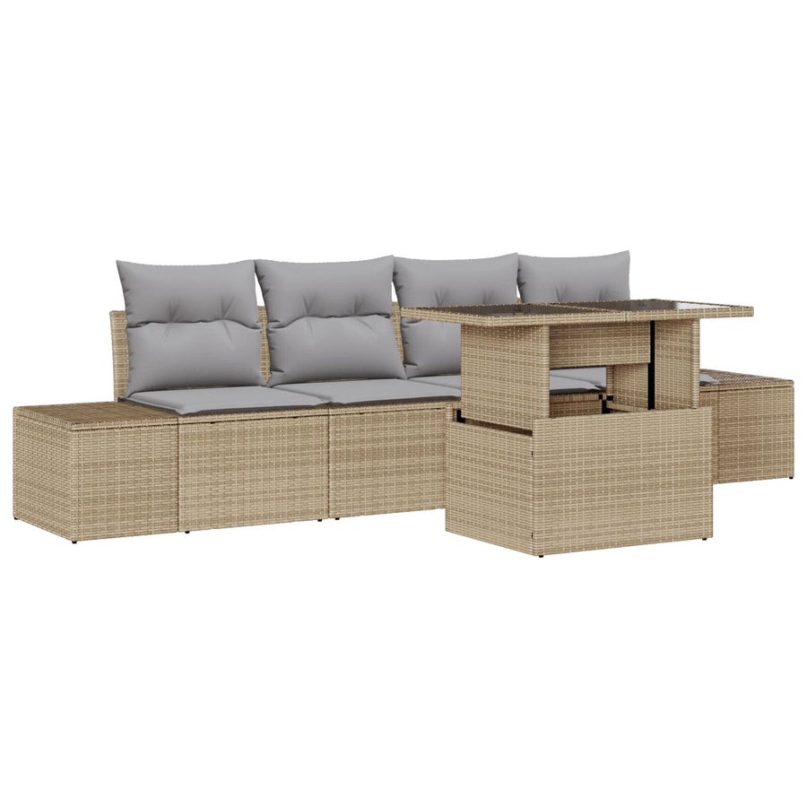 Tuin Sofa Set Set Van 5 Beige, Grijs Poly Rattan, Staal, Polyester