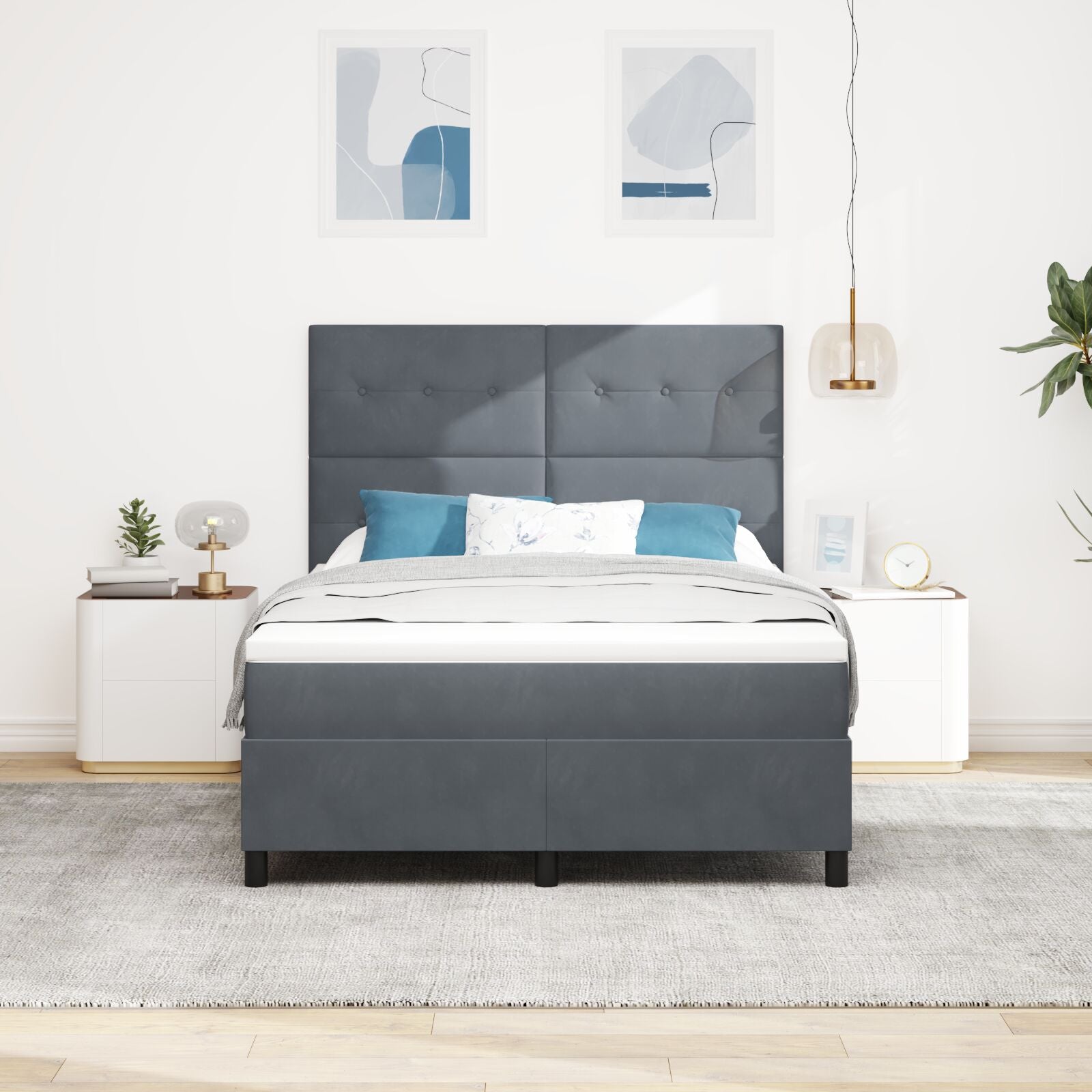 Boxspringbed Met Matras Donkergrijs 140X190 Cm Fluweel Blauw