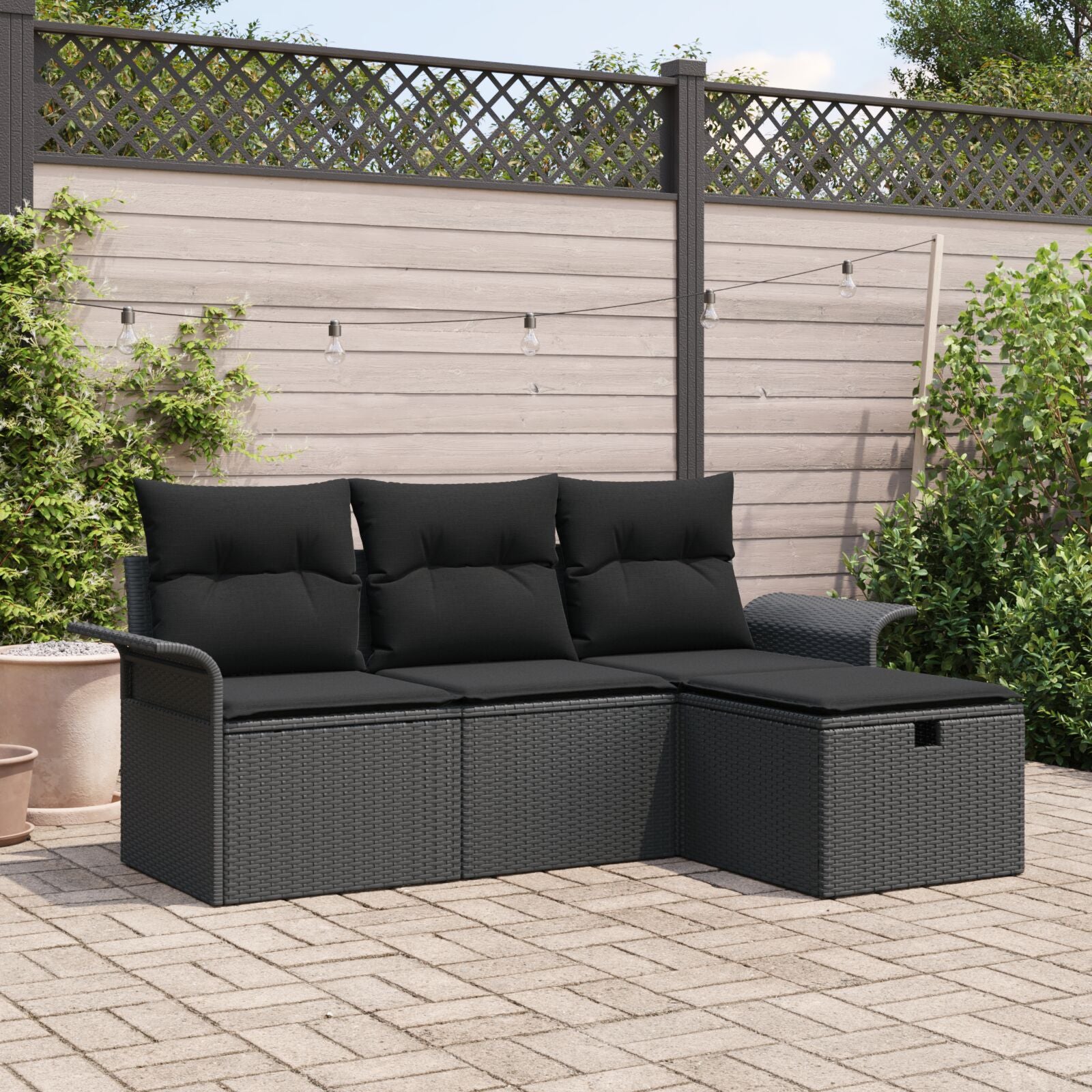 4-Delige Tuin Sofa Set Met Kussens Zwart Poly Rattan, 2-Zits Tuin Sofa Met Opbergruimte & Kussens Zwart Poly Rattan Wit