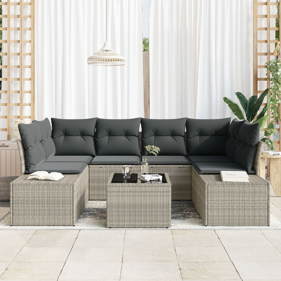 7 Delige Tuin Sofa Set Met Kussens Lichtgrijs Poly Rattan