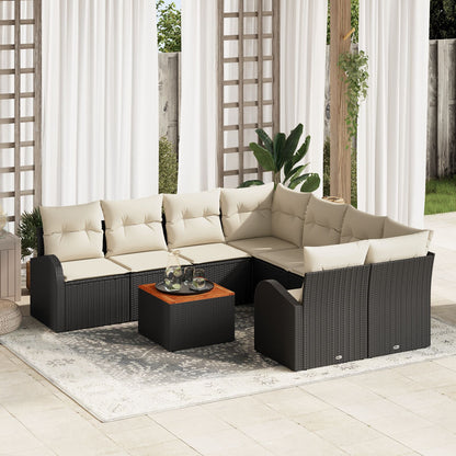9-Delige Tuin Sofa Set Met Kussens Zwart Poly Rattan Acacia