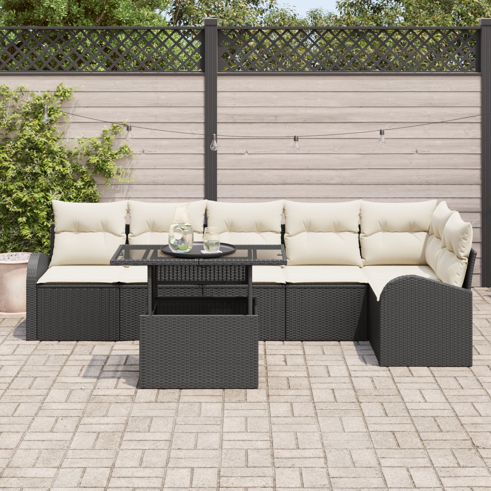 7-Delige Tuin Sofa Set Met Kussens Zwart Poly Rattan