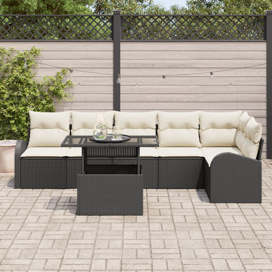 7-Delige Tuin Sofa Set Met Kussens Zwart Poly Rattan