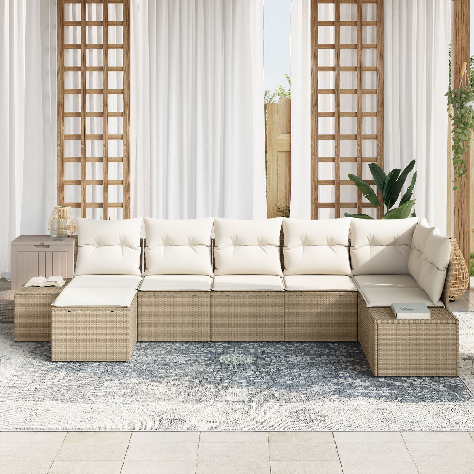 7-Delige Tuin Sofa Set Met Kussens Beige Poly Rattan