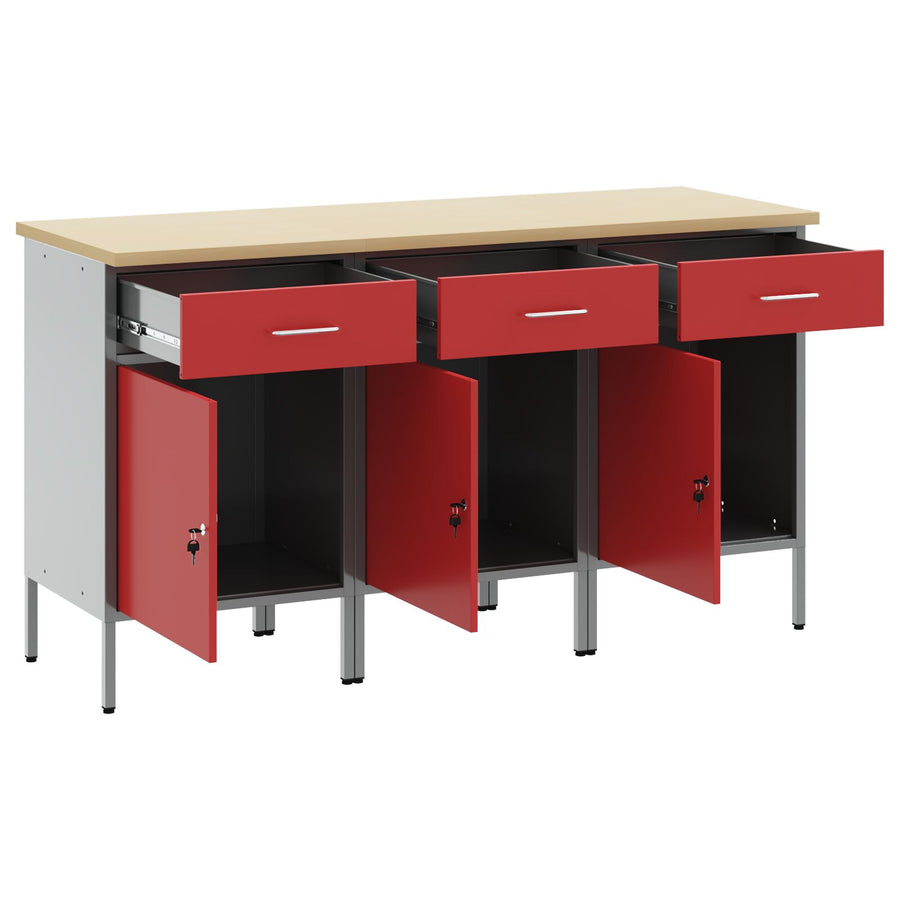Werktafel 3-Delig En Grijs Van Geengineerd Hout En Staal 3x (84 cm) Rood 3x cabinet