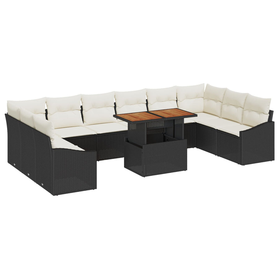 11-Delige Tuin Eetset Met Kussens Zwart Poly Rattan Acacia