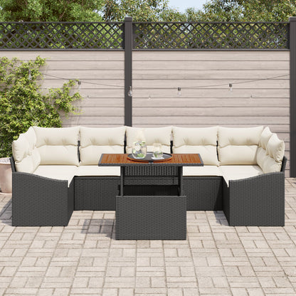 8-Delige Tuin Eetset Met Kussens Zwarte Poly Rattan Acacia