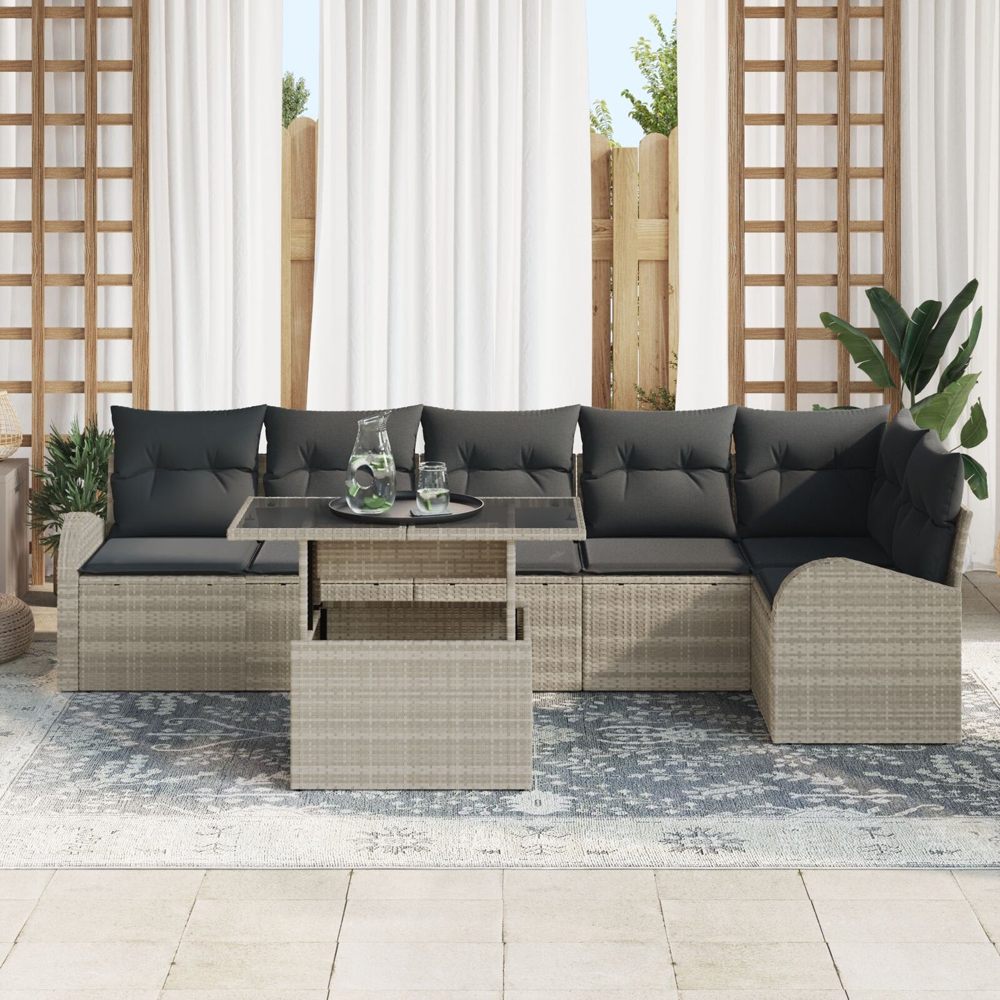 7-Delige Tuinbankset Met Kussens Lichtgrijs Poly Rattan