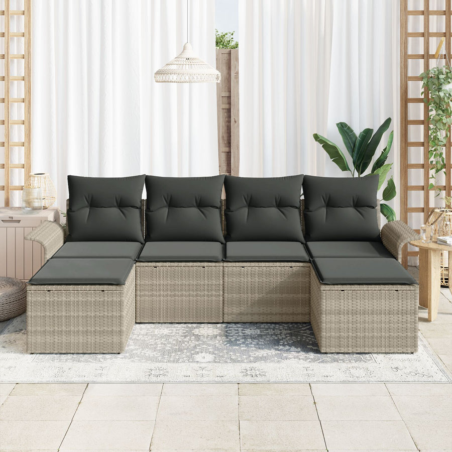 6-Delige Tuinsofa Set Met Kussens Lichtgrijs Poly Rattan