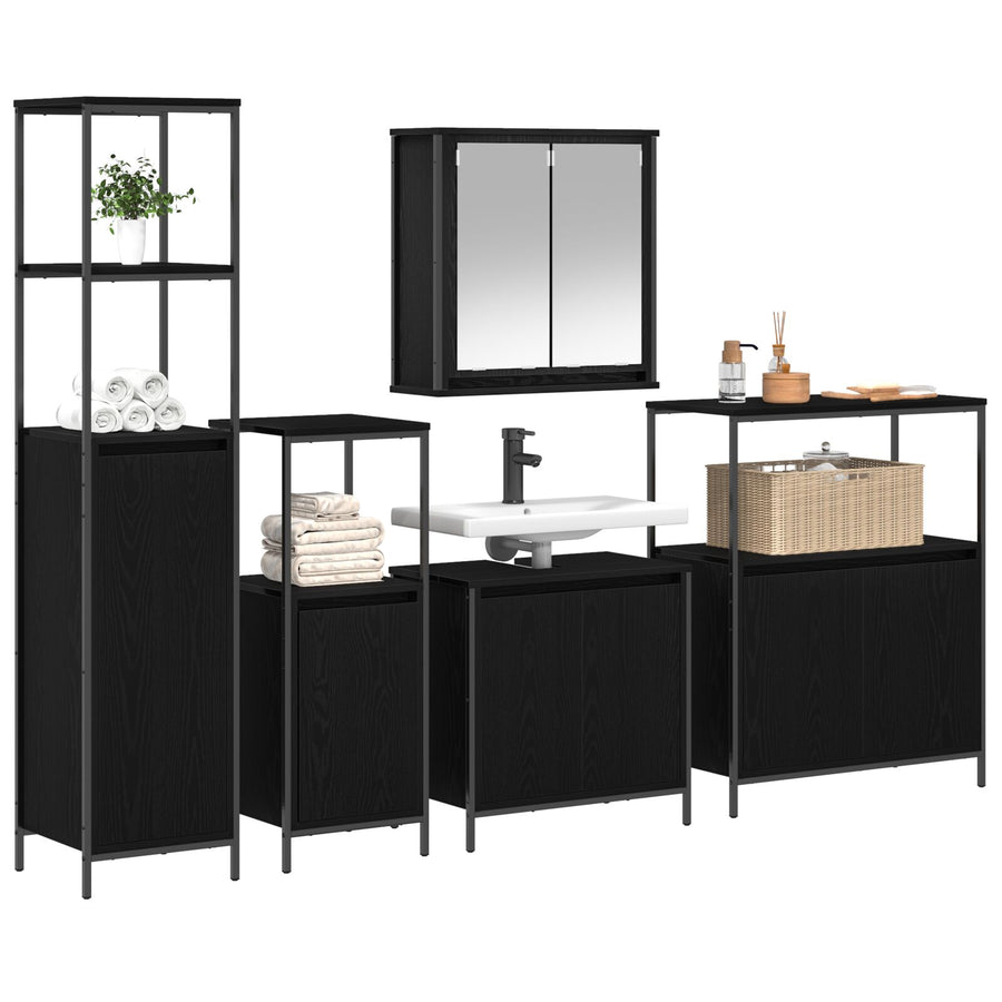 5-Delige Badkamermeubelset Engineered Hout Zwart eiken Waskast + wandkast + 3x badkamer kast