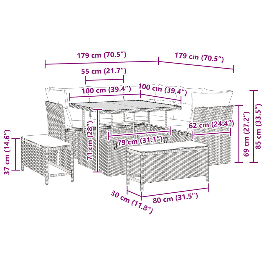 8-Delige Tuin Sofa Set Met Kussens Zwarte Poly Rattan Acacia, 3-Delige Tuin Eet Set Met Kussens Zwarte Poly Rattan Acacia Wit
