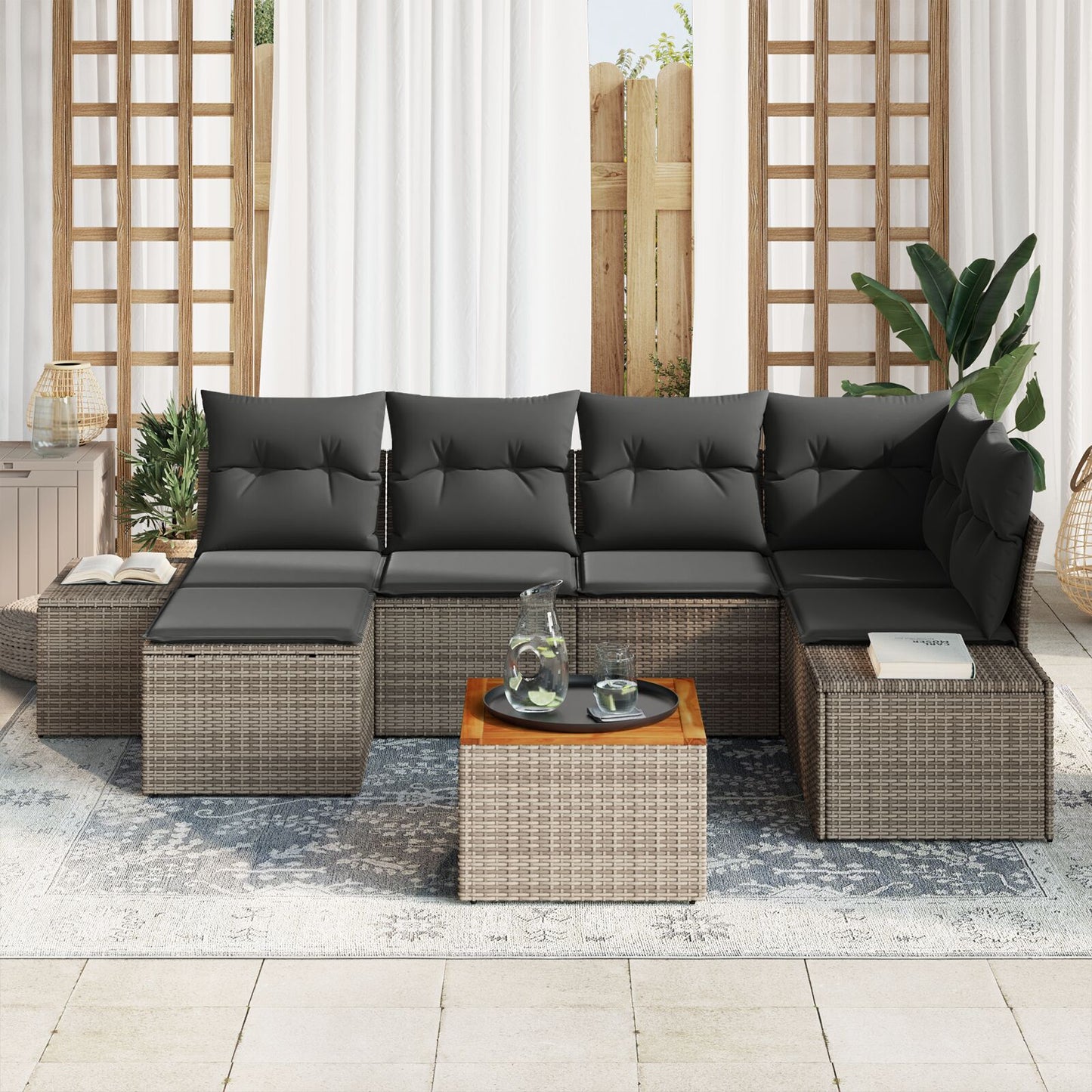 7-Delige Tuin Sofa Set Met Kussens Grijs Poly Rattan Acacia