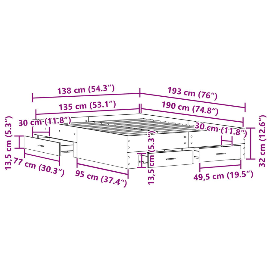 Bedframe Met Lades Zwart Eiken 135X190 Cm Gemaakt Van Engineered Wood Ambachtelijk Eiken