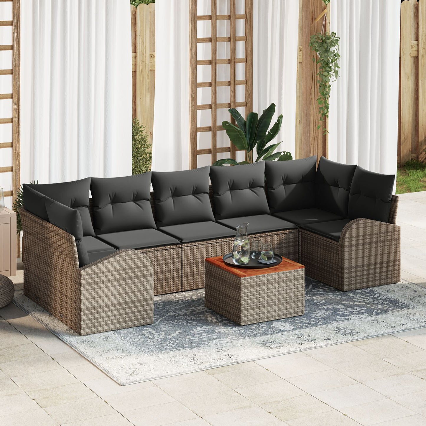 8-Delige Tuinmeubelset Met Kussens Grijs Poly Rattan Acacia