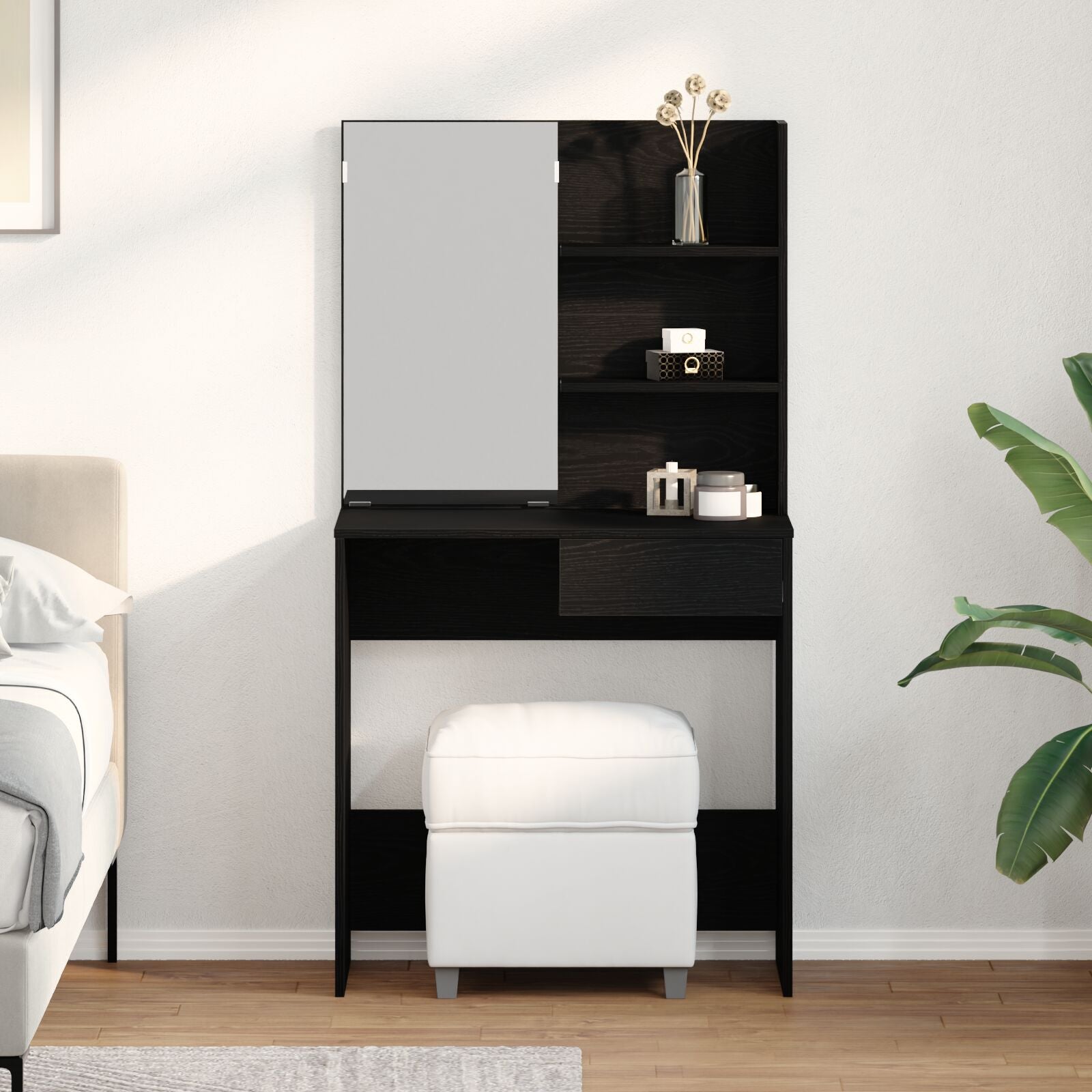 Zwart Eiken Hektafel Met Spiegel - 74,5 X 40 X 141 Cm