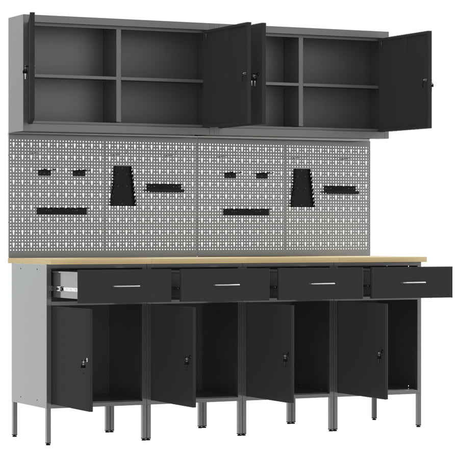 10-Delige Werkcabinet En Pegboard Set Mdf En Metaal 4x (84 cm) Zwart 4x kast + 4x pegboard + 2x gereedschapskast