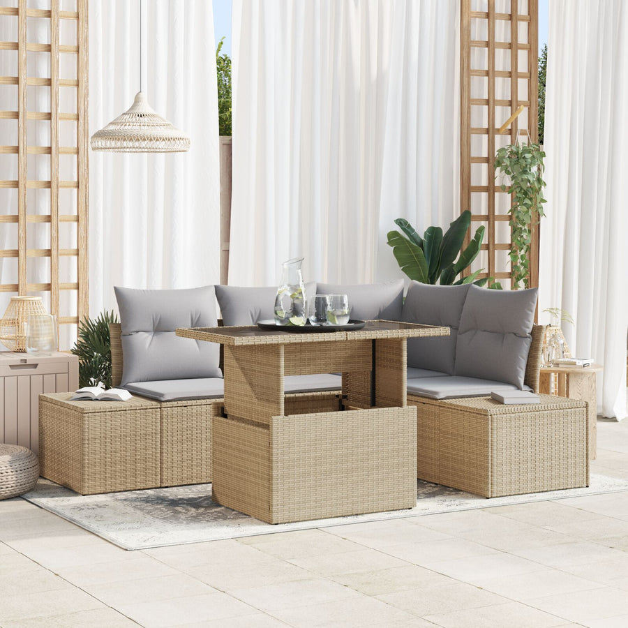 Tuin Sofa Set Set Van 5 Beige, Grijs Riet, Polyester