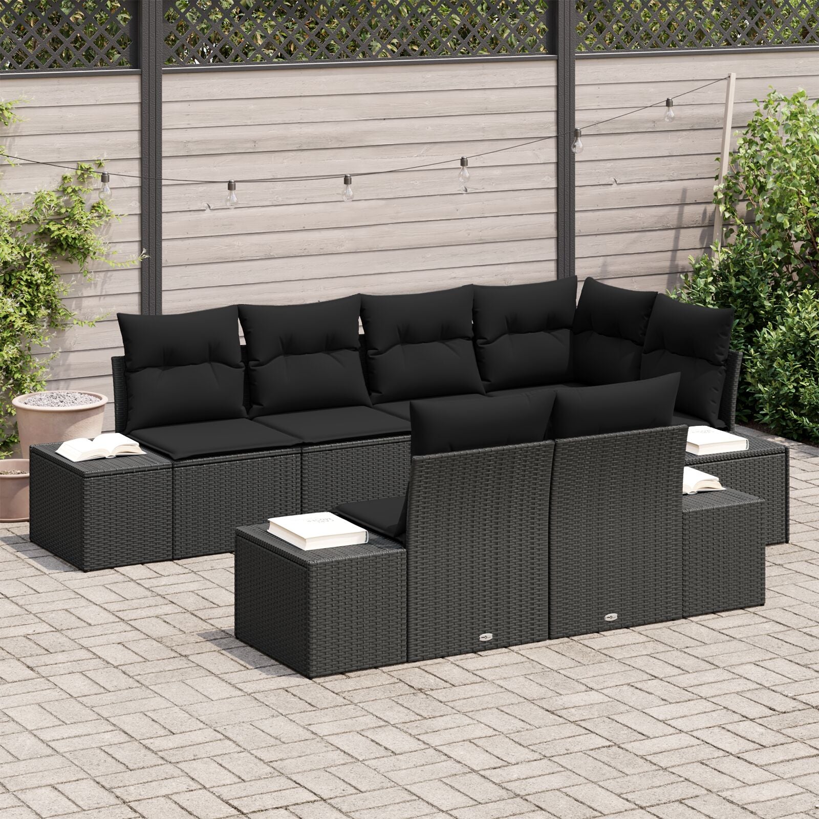 7 Delige Tuinsofa Set Met Kussens Zwart Poly Rattan