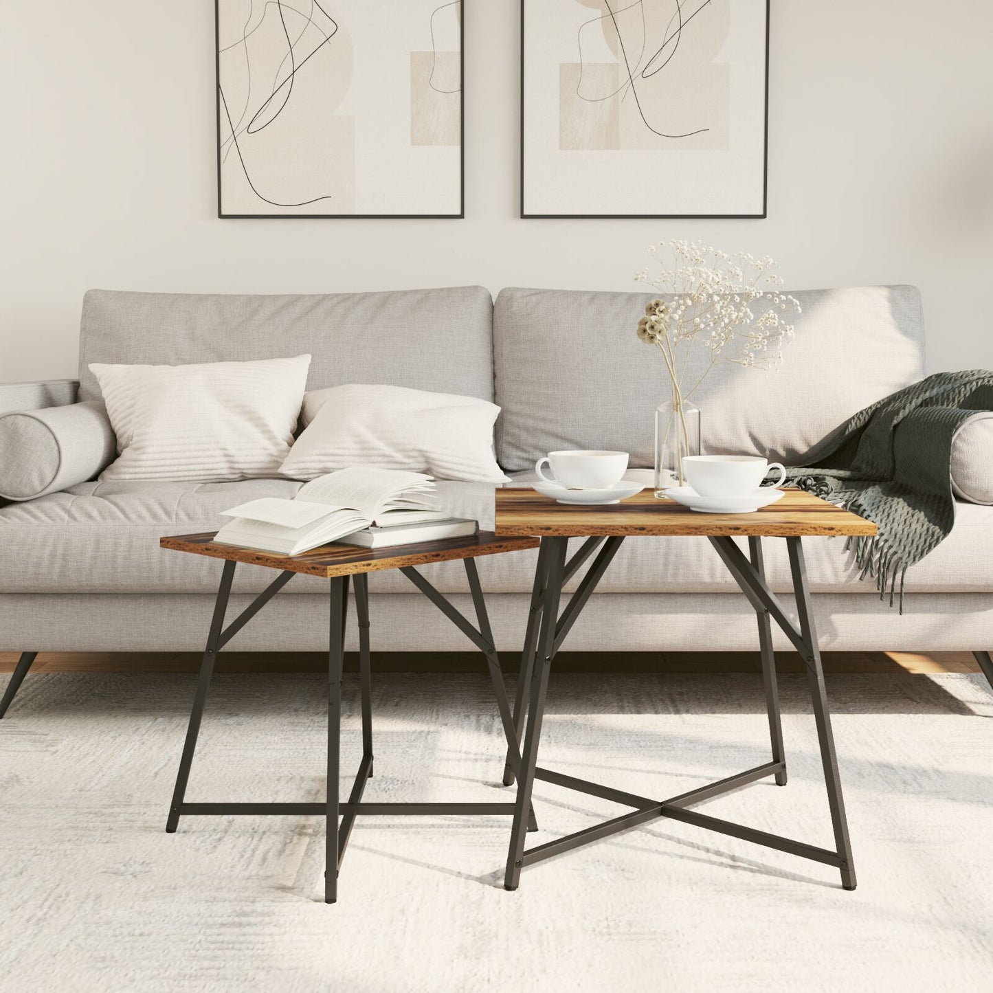 Bijzettafel Set Van 2 , Geengineerd Hout En Metaal Oud hout