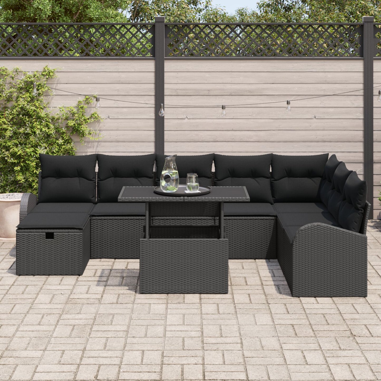 9-Delige Tuin Sofa Set Met Kussens Zwart Poly Rattan