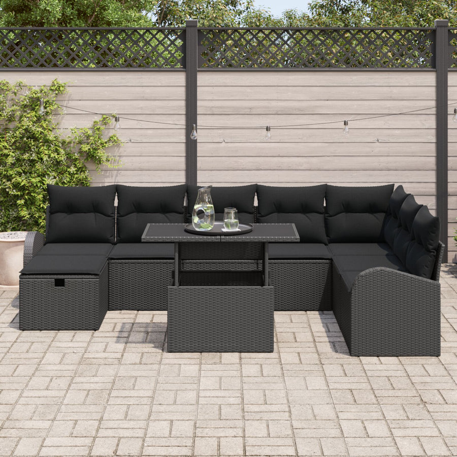 9-Delige Tuin Sofa Set Met Kussens Zwart Poly Rattan