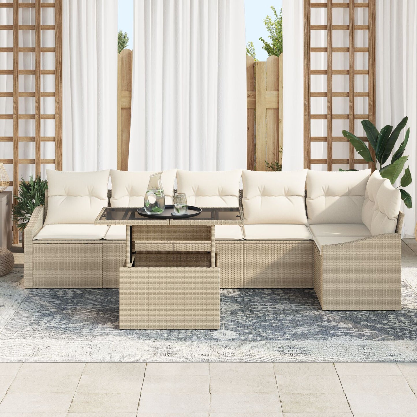 Tuin Sofa Set Set Van 7 Beige Riet, Polyester, Schuim