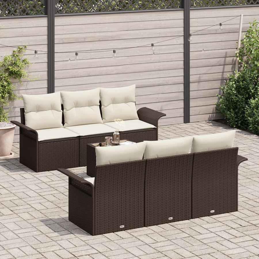 7-Delige Tuin Sofaset Met Kussens Bruin Poly Rattan
