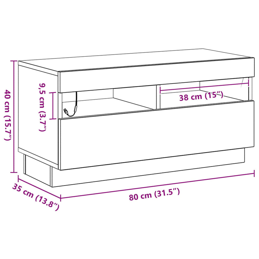 Tv-Meubel Met Led-Verlichting Zwart Eiken 80X35X40 Cm Bewerkt Hout