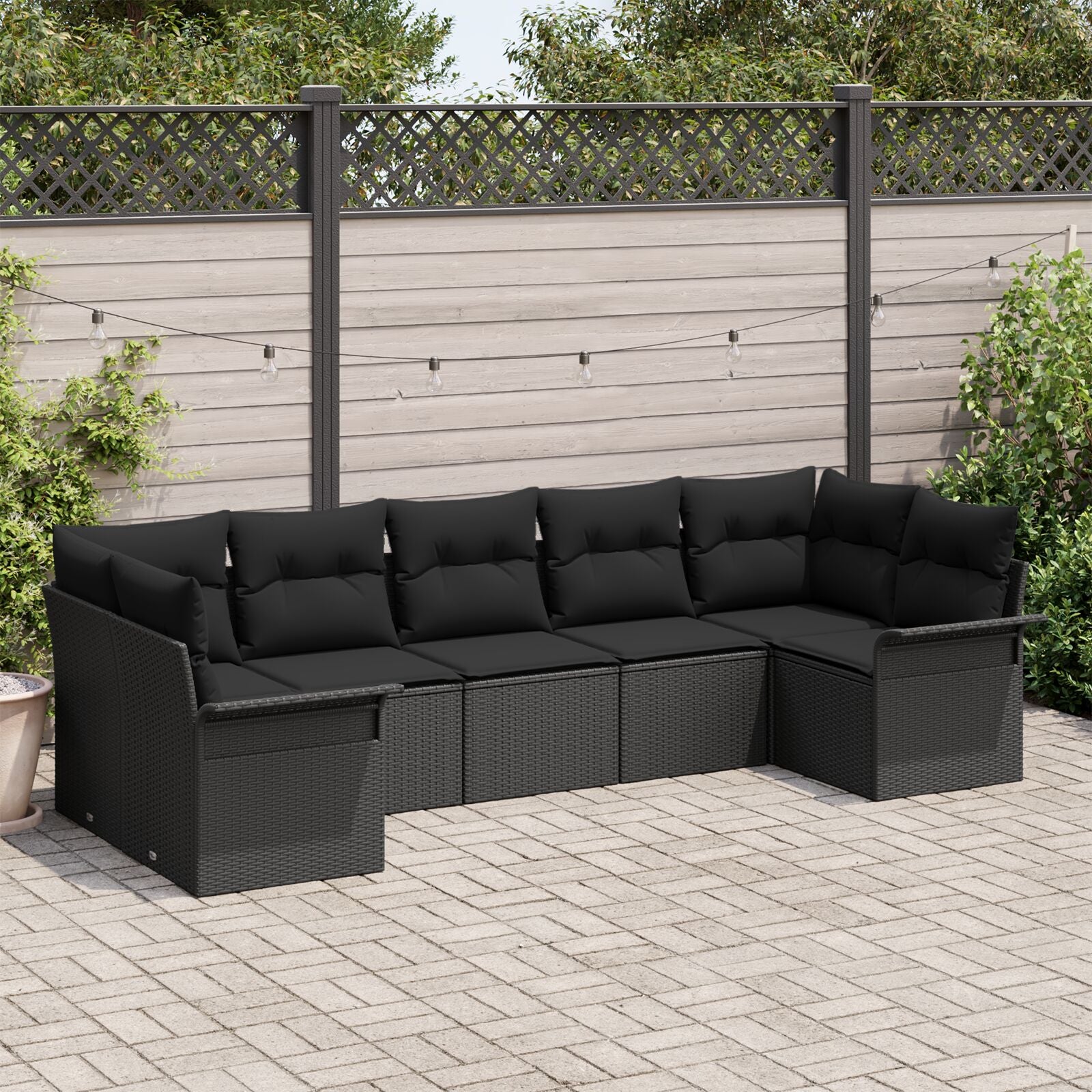 7-Delige Tuinbankset Met Kussens Zwart Poly Rattan